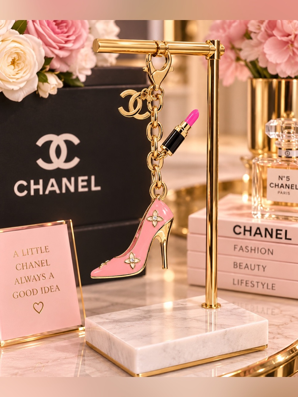 Gold Pink High Heel Keychain Charm - Women's Shoe Accessory